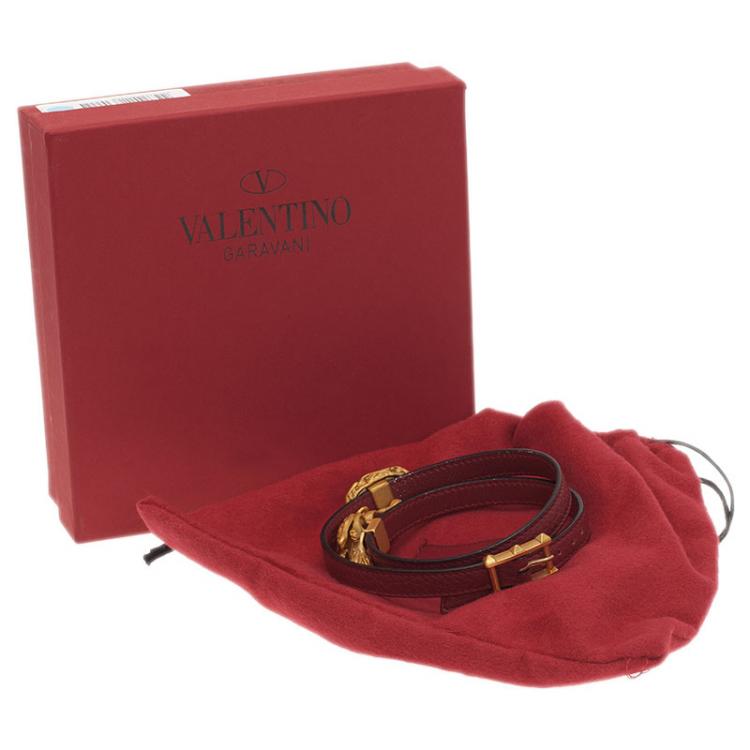 Pre Owned Valentino Scarab And Gryphon Red Leather Double Wrap Bracelet