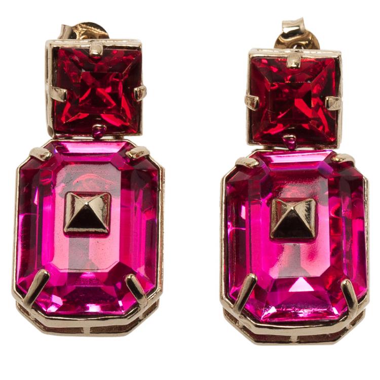 Pre Owned Valentino Pink Crystal Gold Tone Dangle Pierce Earrings