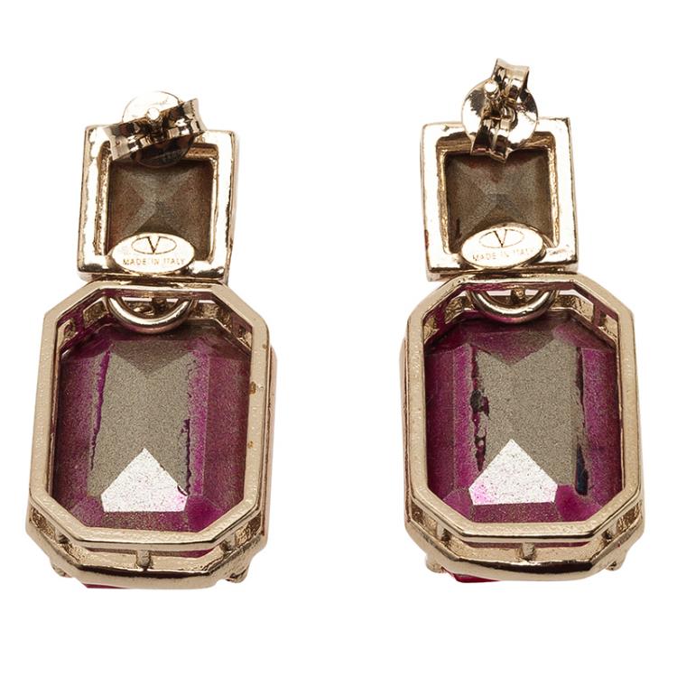 Pre Owned Valentino Pink Crystal Gold Tone Dangle Pierce Earrings