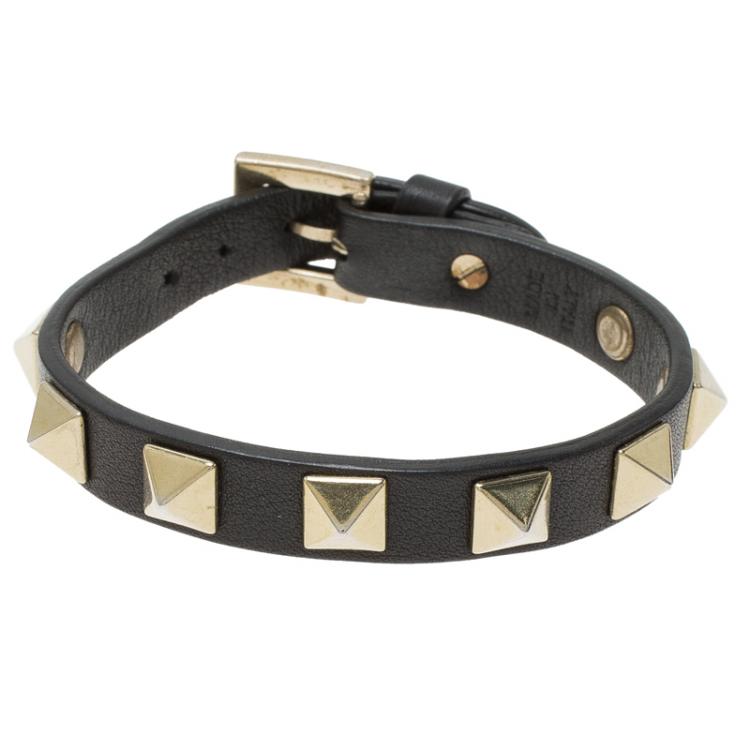 Pre Owned Valentino Rockstud Black Leather Bracelet
