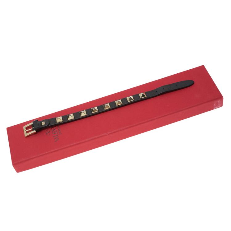 Pre Owned Valentino Rockstud Black Leather Bracelet