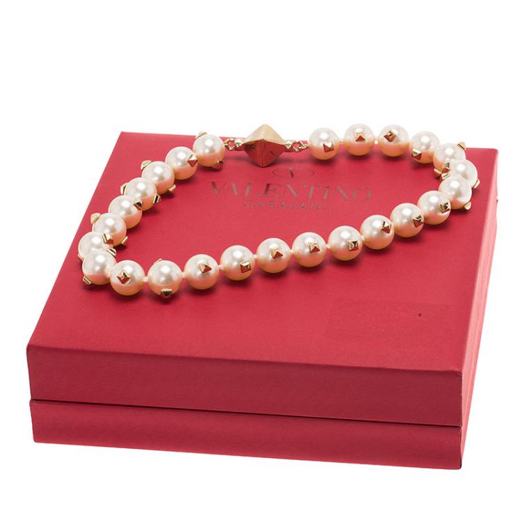 Pre Owned Valentino Studded Faux Pearl  Necklace