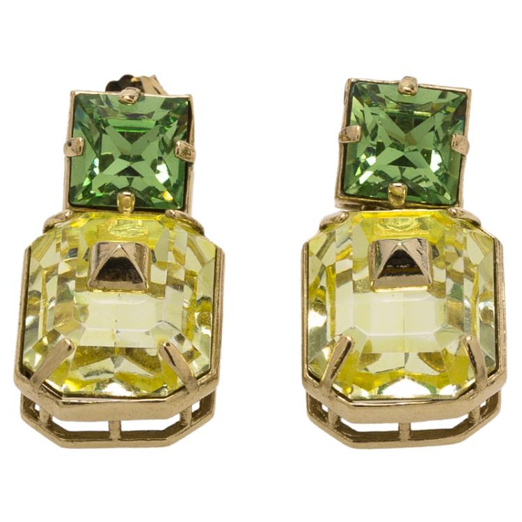 Pre Owned Valentino Yellow & Green Crystal Pyramid Gold Tone Dangle Earrings