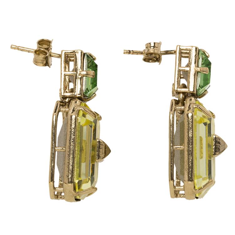 Pre Owned Valentino Yellow & Green Crystal Pyramid Gold Tone Dangle Earrings