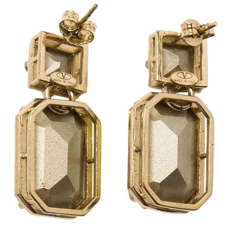 Pre Owned Valentino Yellow & Green Crystal Pyramid Gold Tone Dangle Earrings