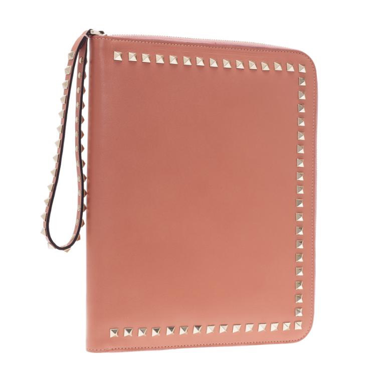 Pre Owned Valentino Nude Leather Rockstud Zip Around iPad Case