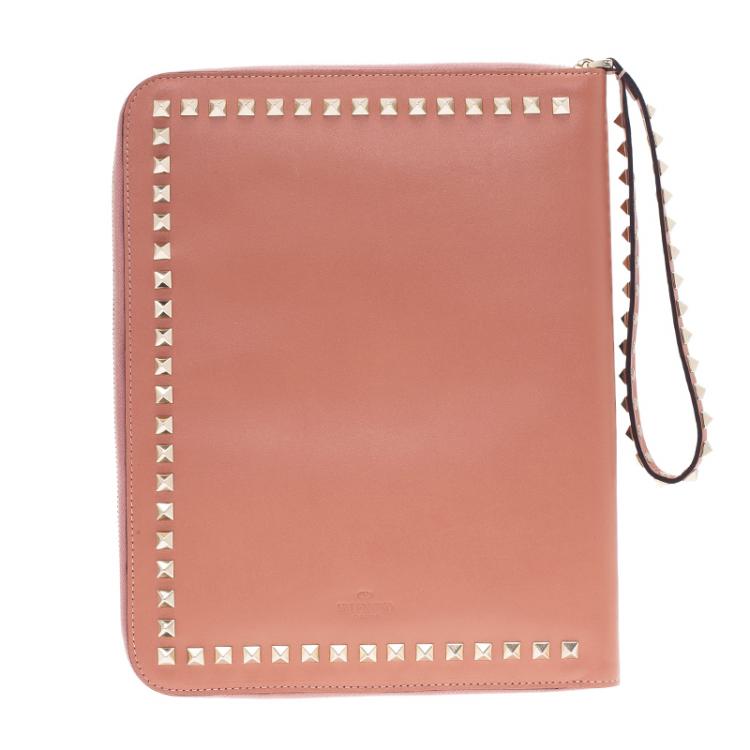 Pre Owned Valentino Nude Leather Rockstud Zip Around iPad Case