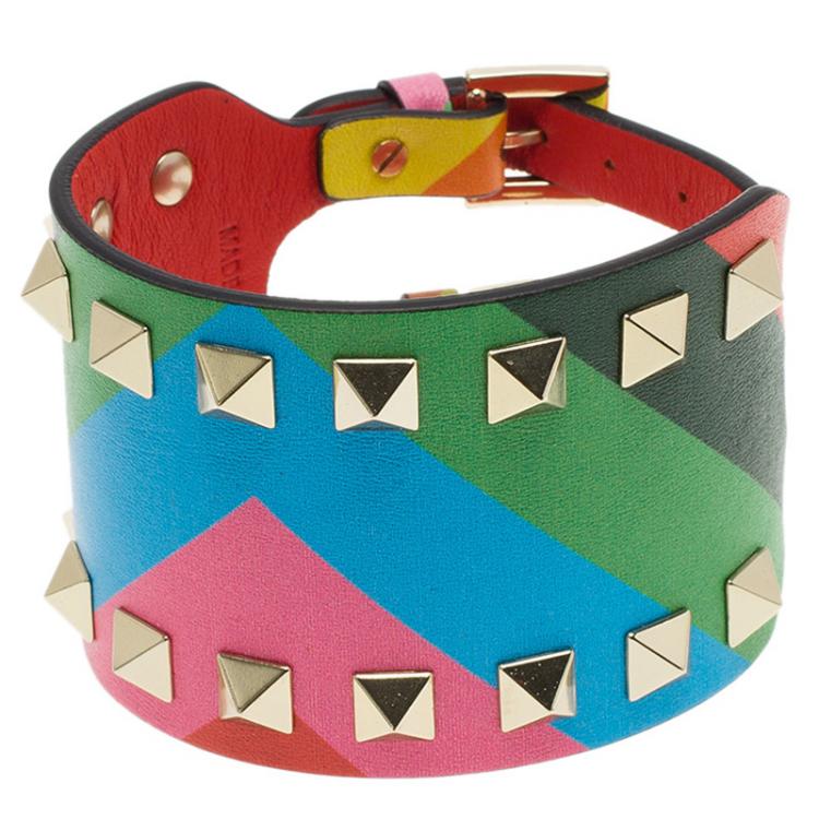 Pre Owned Valentino Rockstud Rainbow Leather Gold Tone Cuff Bracelet