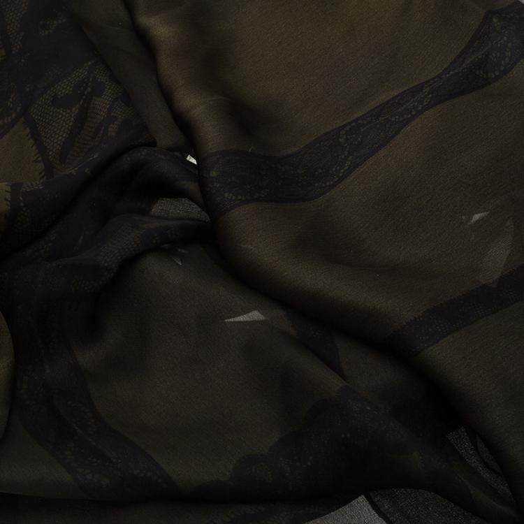 Pre Owned Valentino Dark Green Black Printed Silk Scarf