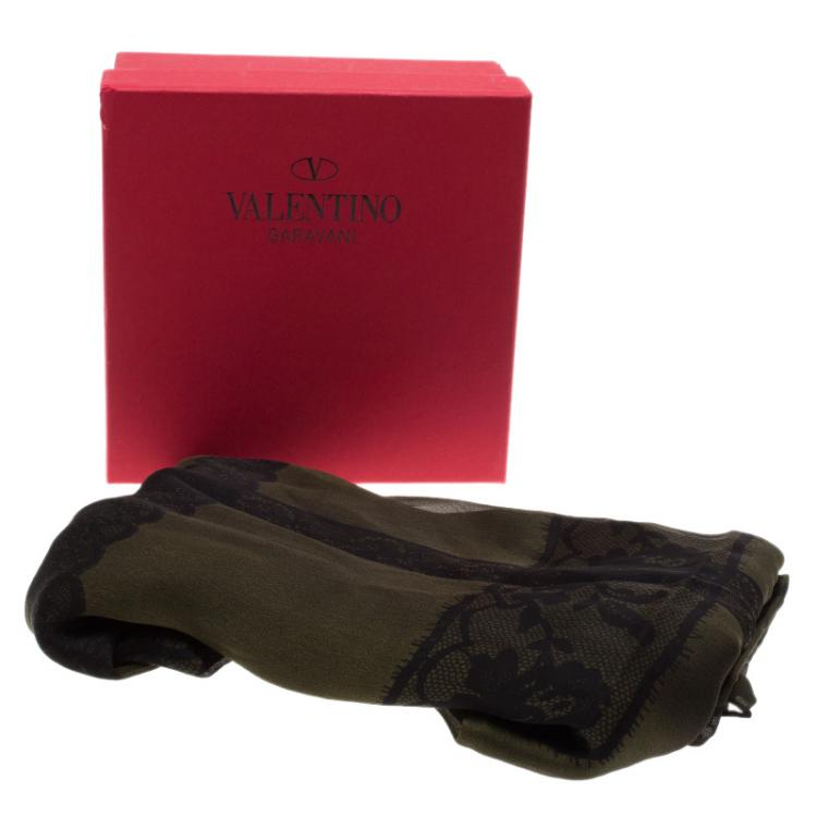 Pre Owned Valentino Dark Green Black Printed Silk Scarf