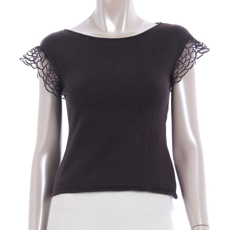 Pre Owned Valentino Dark Brown Lace Sleeve Knit Top S
