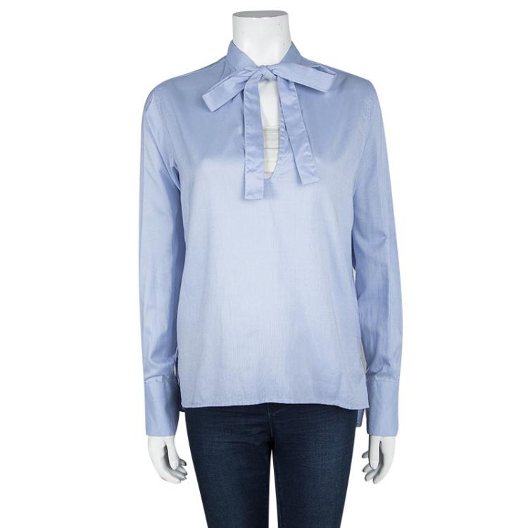 Pre Owned Valentino Blue Cotton Chambray Neck Tie Detail Long Sleeve Blouse M