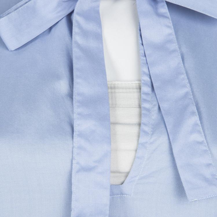 Pre Owned Valentino Blue Cotton Chambray Neck Tie Detail Long Sleeve Blouse M