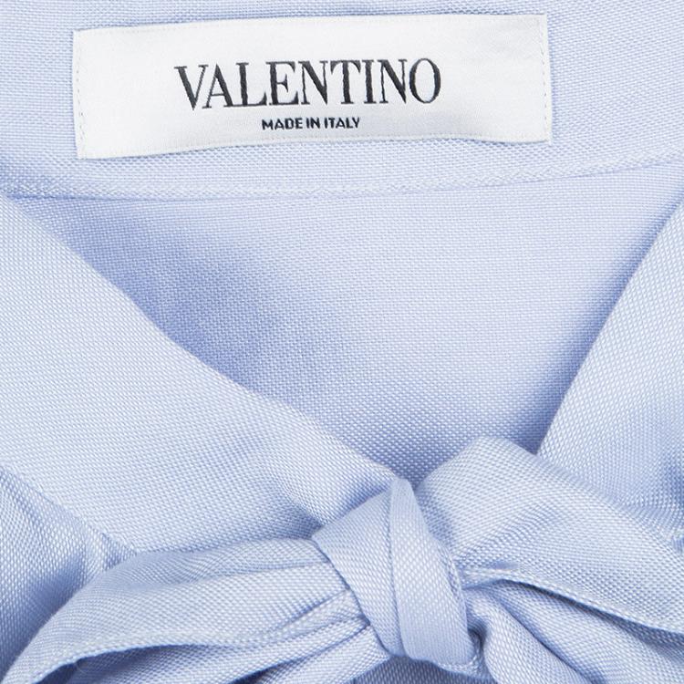 Pre Owned Valentino Blue Cotton Chambray Neck Tie Detail Long Sleeve Blouse M