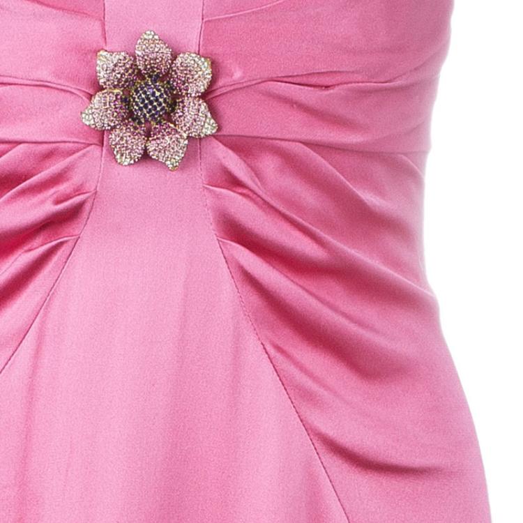 Pre Owned Valentino Pink Strapless Floral Brooch Gown L