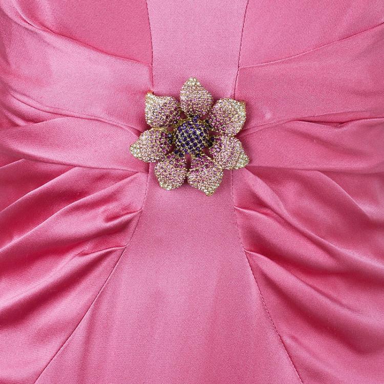 Pre Owned Valentino Pink Strapless Floral Brooch Gown L