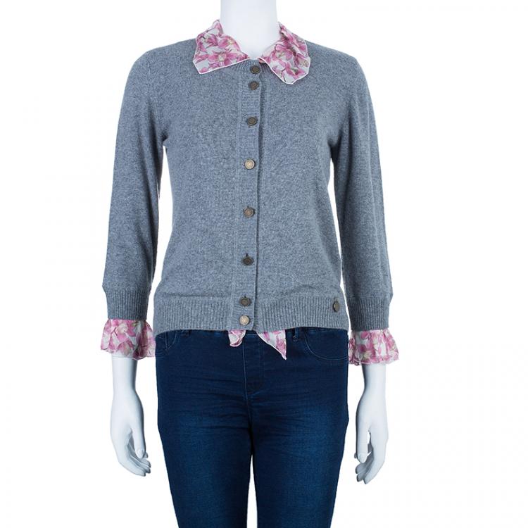 Pre Owned Valentino Gray Wool Floral Trimmed Cardigan M