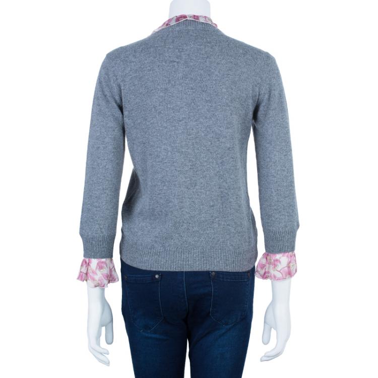 Pre Owned Valentino Gray Wool Floral Trimmed Cardigan M