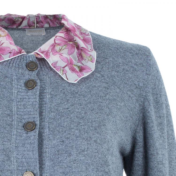 Pre Owned Valentino Gray Wool Floral Trimmed Cardigan M
