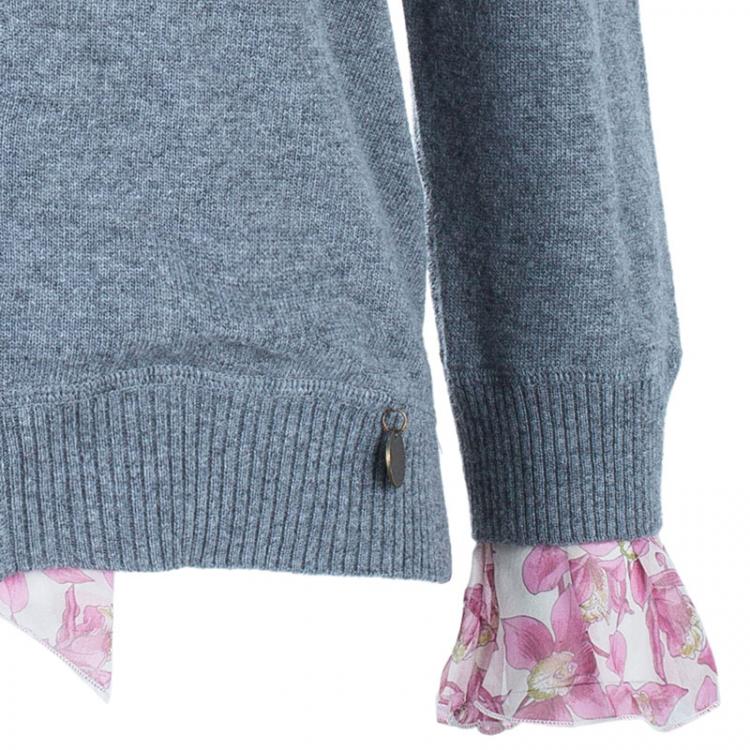 Pre Owned Valentino Gray Wool Floral Trimmed Cardigan M