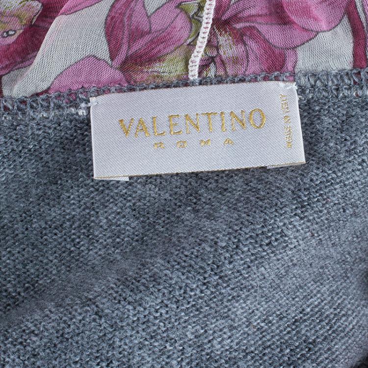 Pre Owned Valentino Gray Wool Floral Trimmed Cardigan M