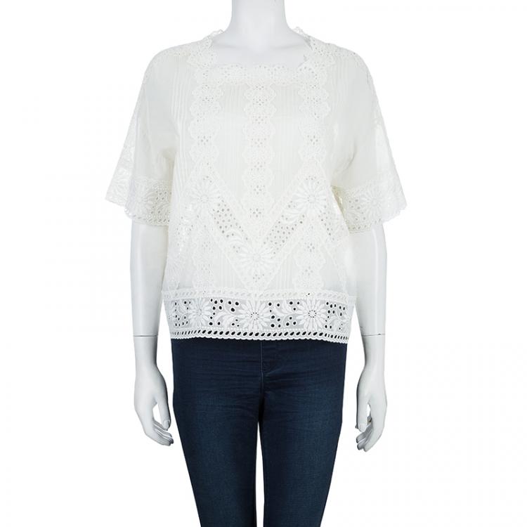 Pre Owned Valentino White Floral Eyelet Embroidered Pintuck Detail Long Sleeve Blouse M
