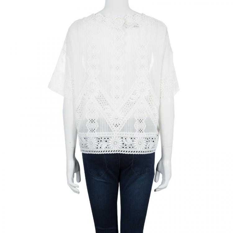 Pre Owned Valentino White Floral Eyelet Embroidered Pintuck Detail Long Sleeve Blouse M
