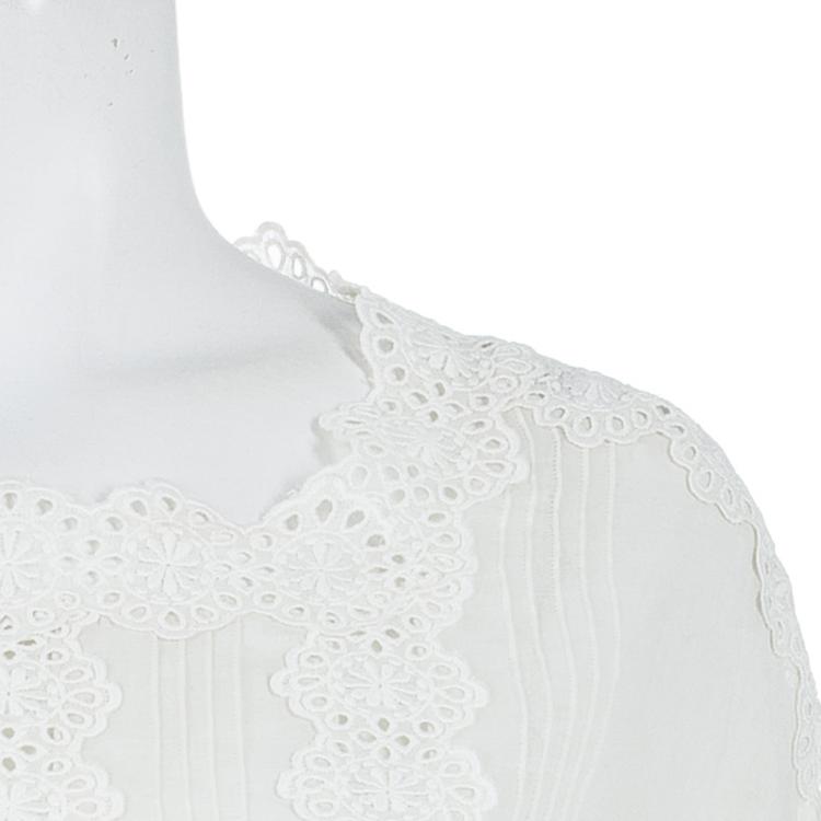 Pre Owned Valentino White Floral Eyelet Embroidered Pintuck Detail Long Sleeve Blouse M