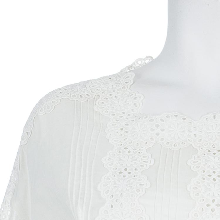 Pre Owned Valentino White Floral Eyelet Embroidered Pintuck Detail Long Sleeve Blouse M