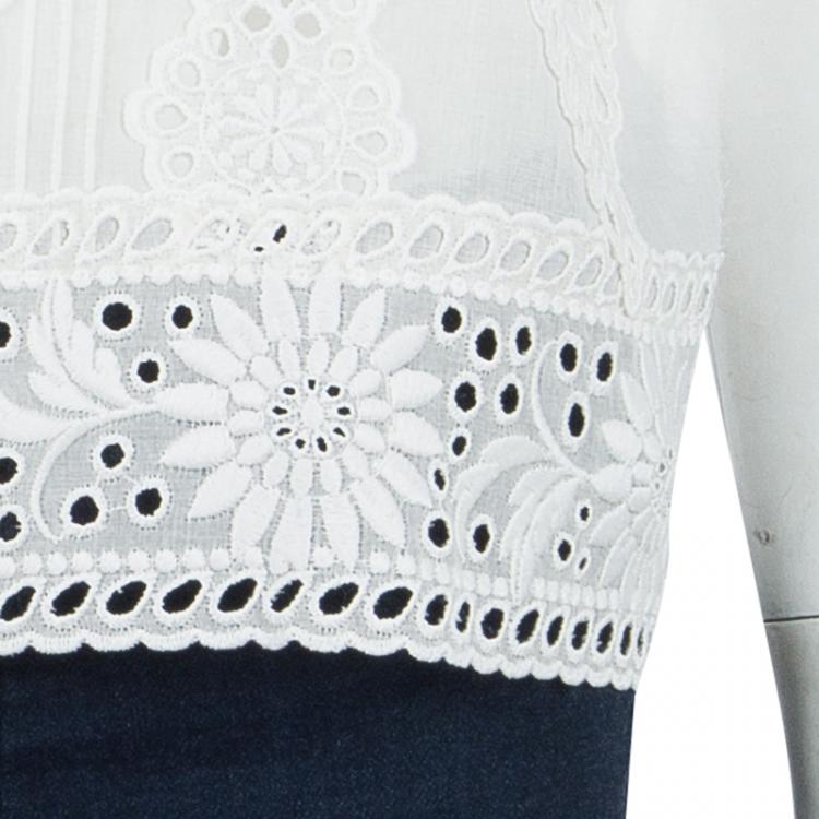 Pre Owned Valentino White Floral Eyelet Embroidered Pintuck Detail Long Sleeve Blouse M