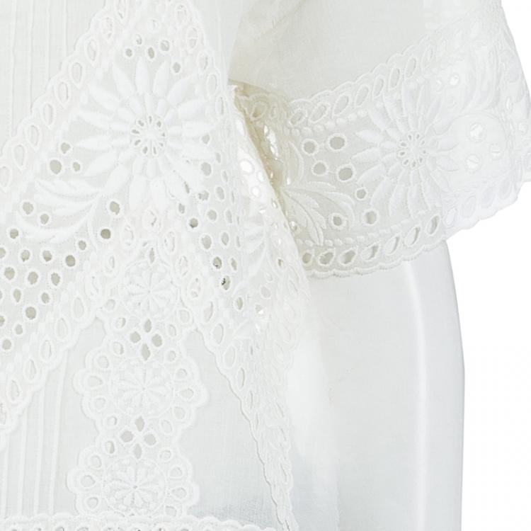 Pre Owned Valentino White Floral Eyelet Embroidered Pintuck Detail Long Sleeve Blouse M