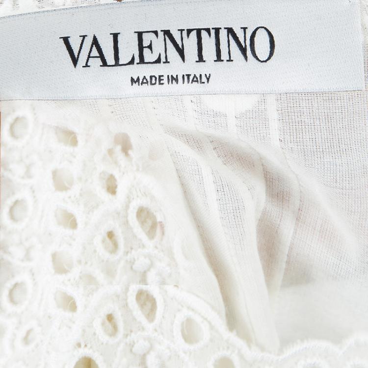 Pre Owned Valentino White Floral Eyelet Embroidered Pintuck Detail Long Sleeve Blouse M