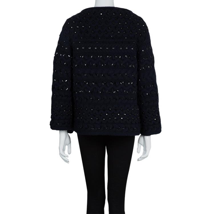 Pre Owned Valentino Navy Blue Fleece Wool Crystal Embellished Jacket S