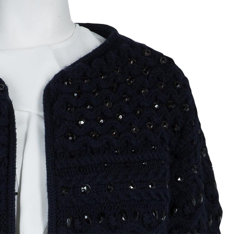 Pre Owned Valentino Navy Blue Fleece Wool Crystal Embellished Jacket S
