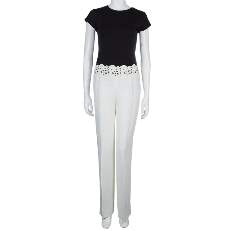 Pre Owned Valentino Cream Lace Detail Trousers M