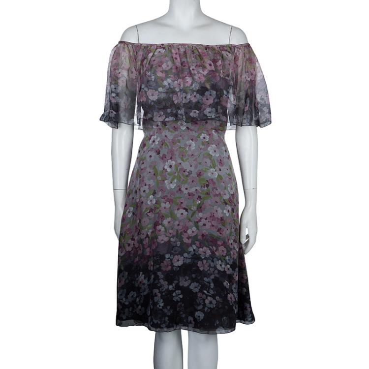 Pre Owned Valentino Floral Printed Silk Flounce Dress L