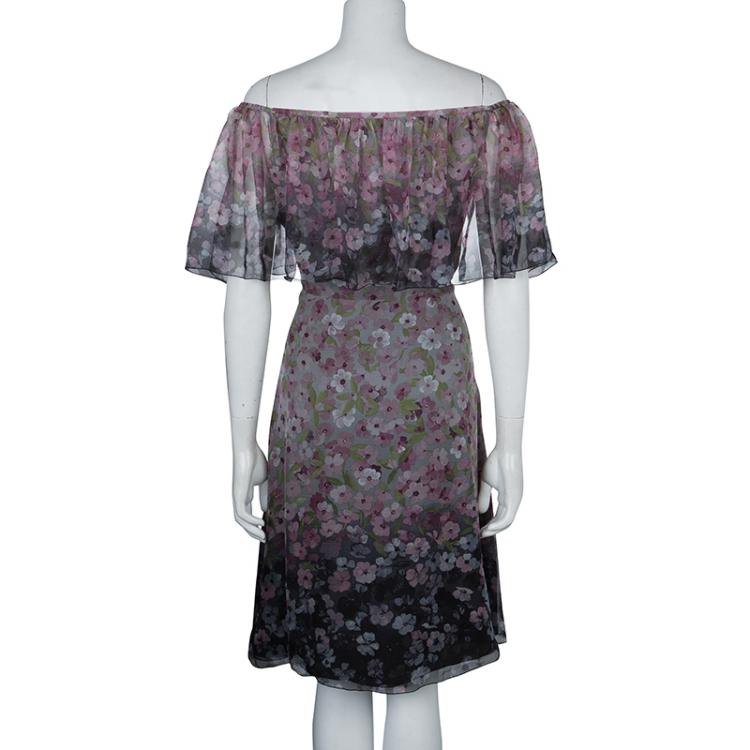 Pre Owned Valentino Floral Printed Silk Flounce Dress L