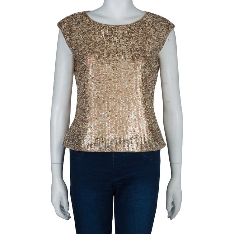 Pre Owned Valentino Gold All-Over Sequin Embellished Sleeveless Top M