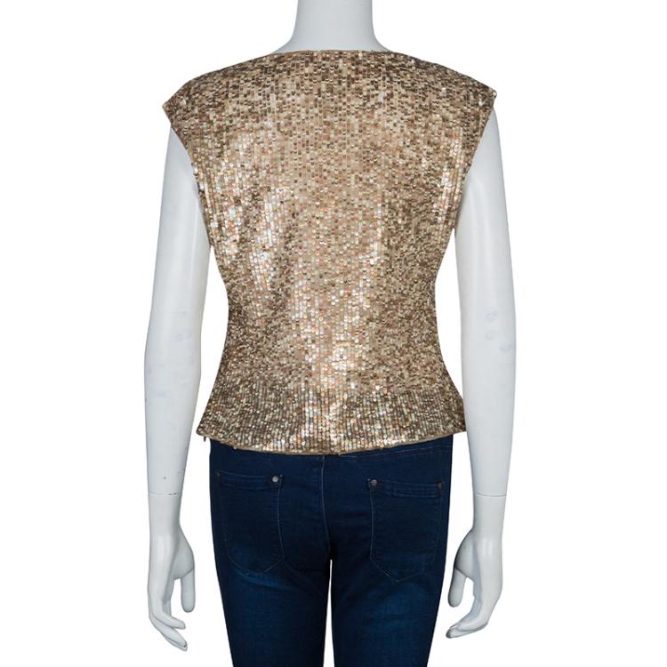 Pre Owned Valentino Gold All-Over Sequin Embellished Sleeveless Top M