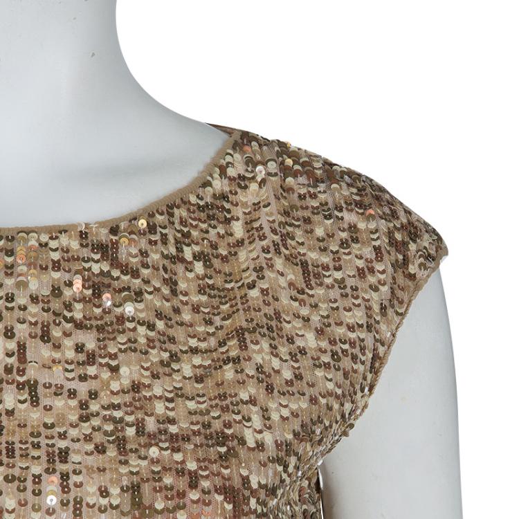 Pre Owned Valentino Gold All-Over Sequin Embellished Sleeveless Top M