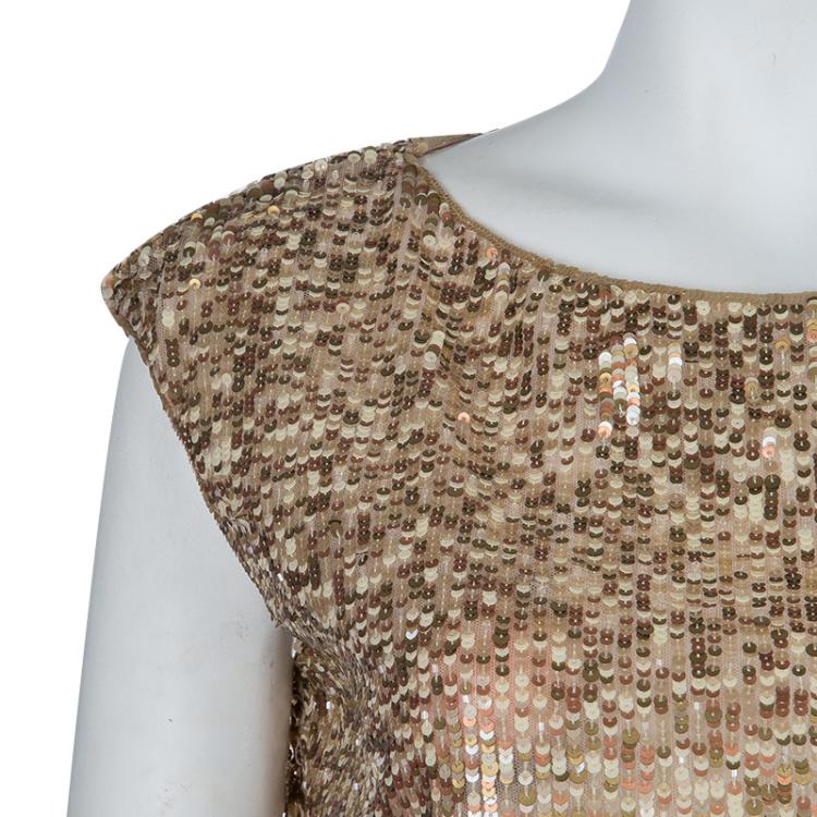 Pre Owned Valentino Gold All-Over Sequin Embellished Sleeveless Top M