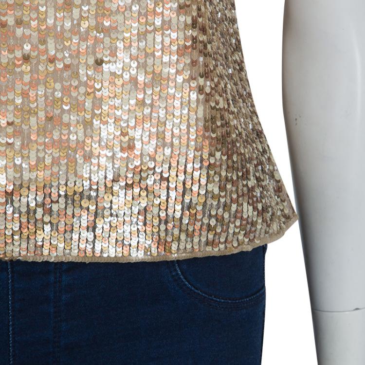 Pre Owned Valentino Gold All-Over Sequin Embellished Sleeveless Top M