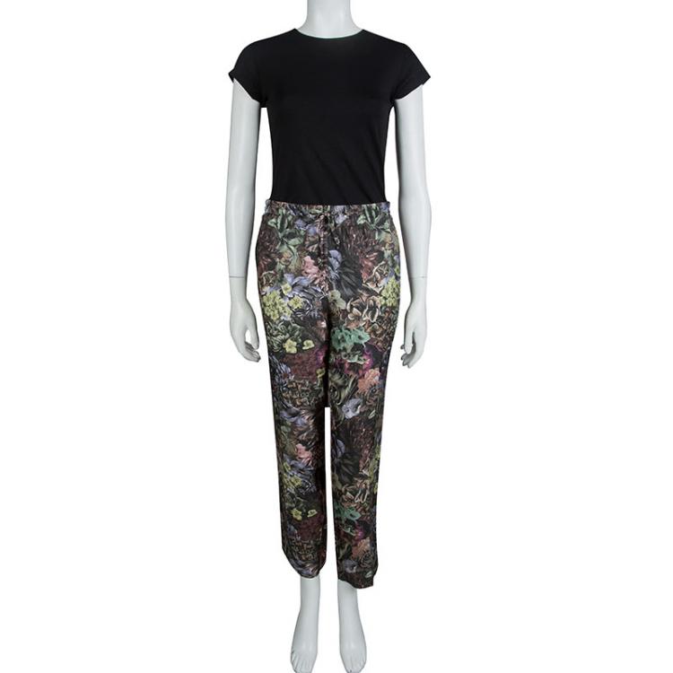 Pre Owned Valentino Multicolor Floral Printed Silk Drawstring Detail Pants L