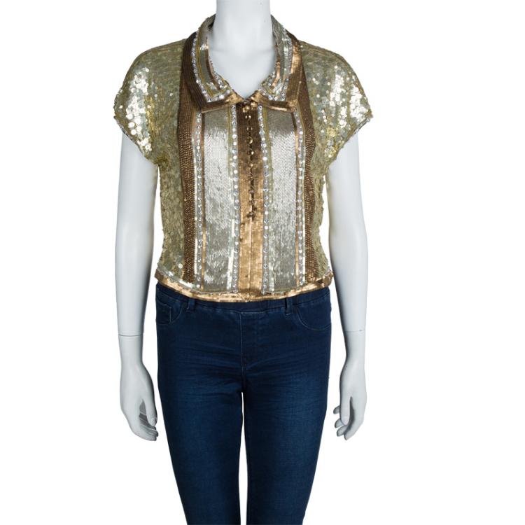 Pre Owned Valentino Gold All Over Embellished Cap Sleeve Crop Top L
