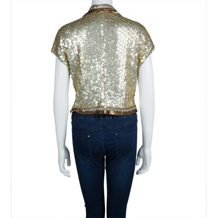 Pre Owned Valentino Gold All Over Embellished Cap Sleeve Crop Top L