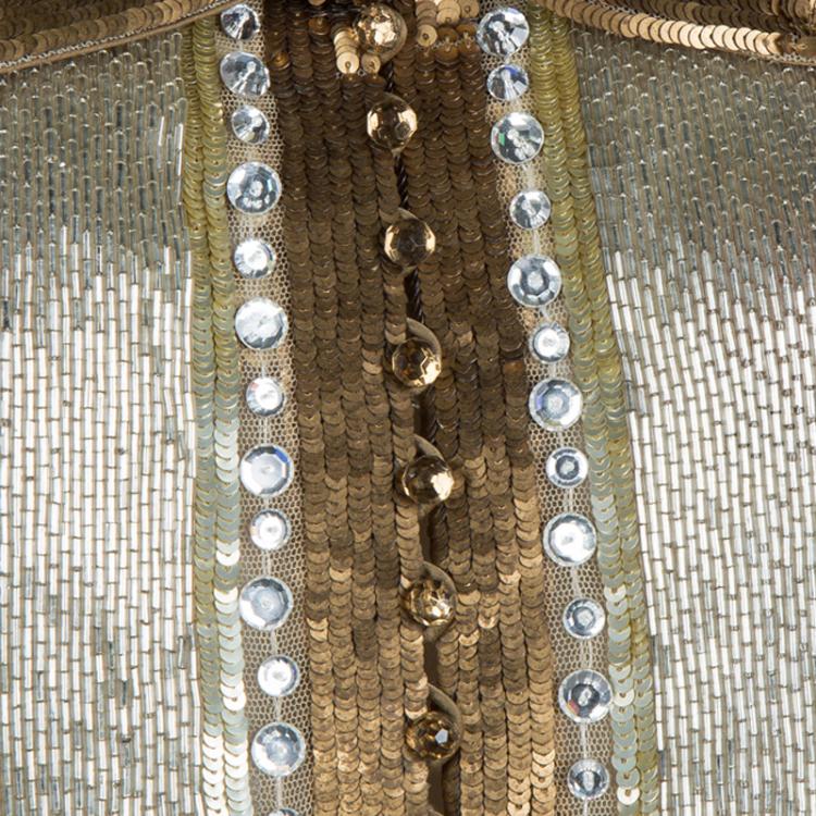 Pre Owned Valentino Gold All Over Embellished Cap Sleeve Crop Top L