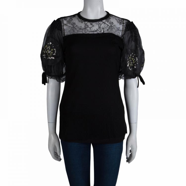 Pre Owned Valentino T-Shirt Couture Black Lace Detail Puffed Sleeve Top M