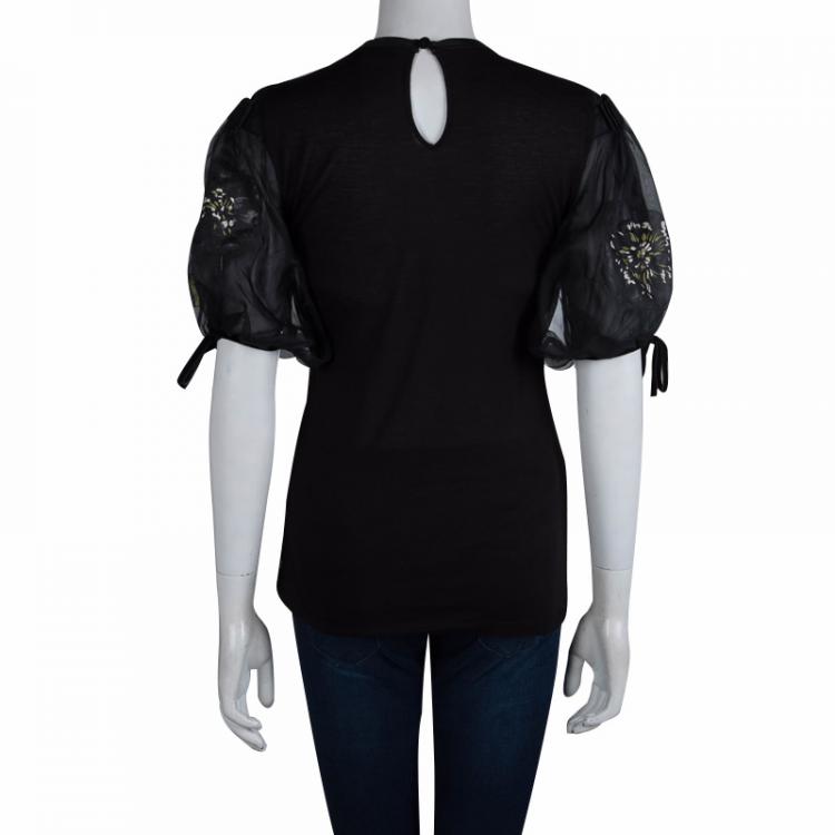 Pre Owned Valentino T-Shirt Couture Black Lace Detail Puffed Sleeve Top M