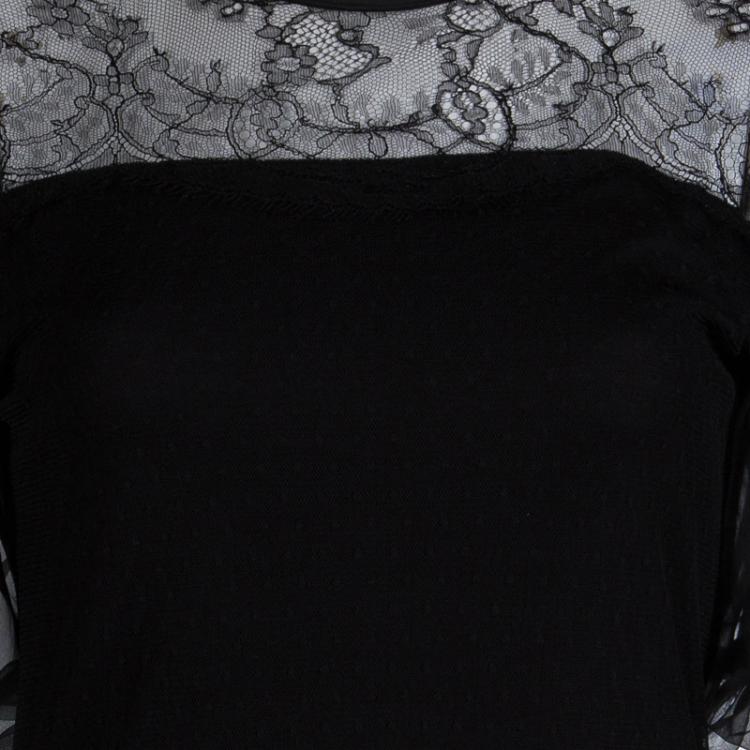 Pre Owned Valentino T-Shirt Couture Black Lace Detail Puffed Sleeve Top M