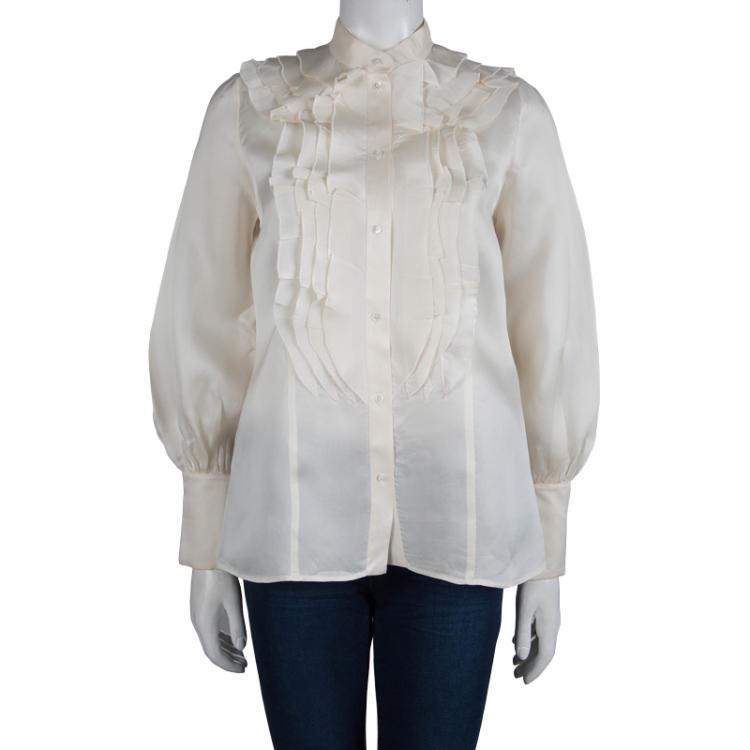 Pre Owned Valentino Cream Silk Ruffle Detail Long Sleeve Shirt L